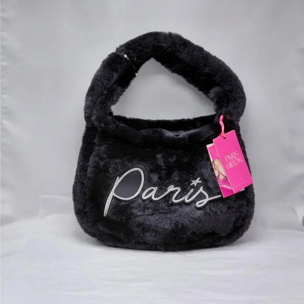 Paris Hilton Handbag Black Faux Fur Rhinestone Logo Baguette Y2K Festival Purse